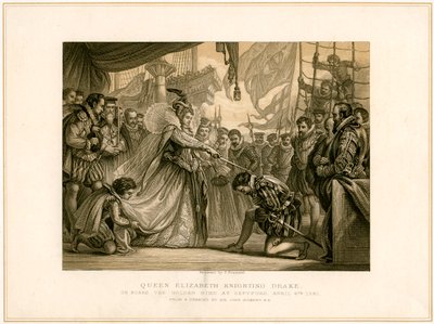 „Queen Elizabeth Knighting Drake a Golden Hind fedélzetén..., 1581. április 4.”, XIX. század alkotó: F Fraenkel