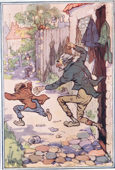 Hed kirohan utánuk a boltból, és repülve küldi őket, illusztráció David Copperfieldtől, 1914 alkotó: F. M. B. Blaikie