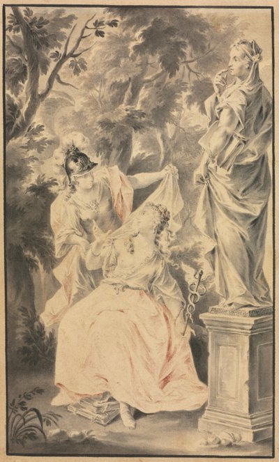 Allegorikus jelenet: Pár szobor előtt, 1700-as évek. alkotó: F. Muller
