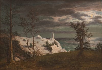 A "Summer Spire" a Møn-sziget krétaszikláin. Holdfény alkotó: F. Sødring