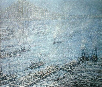 East River, New York, tél (olaj, vászon) alkotó: F. Usher de Voll