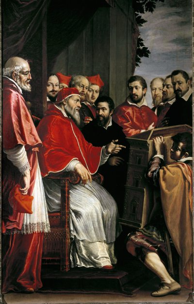 Michelangelo bemutatja a Giulia utcai Rota udvar épületmodelljét III. Julius pápának alkotó: Fabrizio Boschi