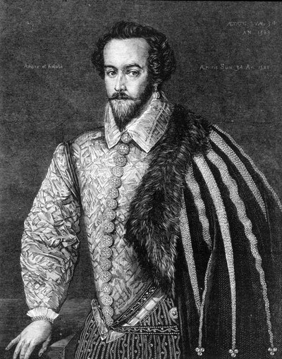 Sir Walter Raleigh (1554-1618) angol navigátor, udvaronc és író portréja. Metszet egy 1588-as Federico Zuccarónak (vagy Zuccarinak) (1549-1609) tulajdonított festmény után. alkotó: Federico (after) Zuccari or Zuccaro
