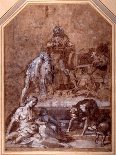 Vallási allegória, a Manna összegyűjtése és az Eucharisztia Intézménye (toll és tinta és kréta mosással, fehérrel kiemelve a papíron) alkotó: Federico Fiori Barocci or Baroccio