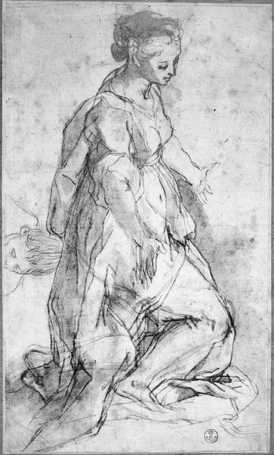 Tanulmány a Szűz figurájához (fekete kréta és toll és tinta mosással a papírra) alkotó: Federico Fiori Barocci or Baroccio