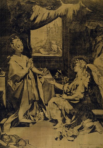 Angyali üdvözlet (rézkarc, gravírozás és szárazhús sárga selyemtafton) alkotó: Federico Fiori Barocci or Baroccio