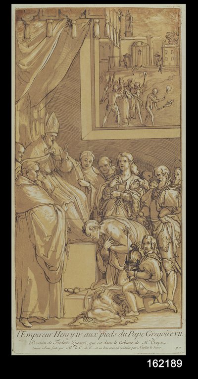 Henrik császár (1050-1106) VII. Gergely pápa (1020-85) lábánál, Nicolas Le Sueur (1691-1764) metszetében alkotó: Federico Zuccari or Zuccaro