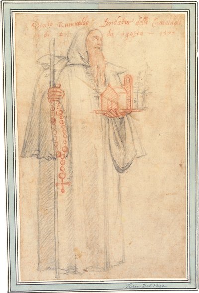 Fra Stefano, a vallombrosai kamaldoliták ügyésze, mint Szent Romuald, kezében egy templom és egy rózsafüzér makettje, 1577 alkotó: Federico Zuccaro