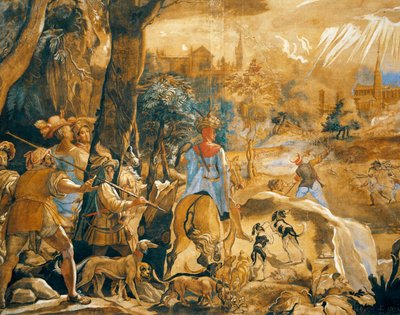 Vadászjelenet a képzeletbeli Firenzével alkotó: Federico Zuccaro
