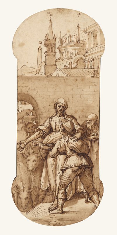 Taddeo Róma bejáratánál, akit fáradság, szolgaság és nehézségek, valamint engedelmesség és türelem fogad (a szamár és az ökör). alkotó: Federico Zuccaro