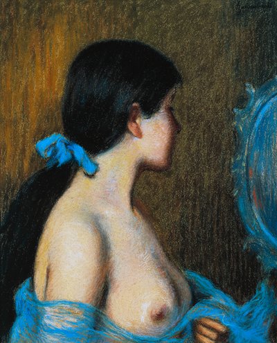 Fiatal nő a tükörnél, Federico Zandomeneghi (1841-1917), pasztell, papír, vászonra, 46x38 cm alkotó: Federigo Zandomeneghi