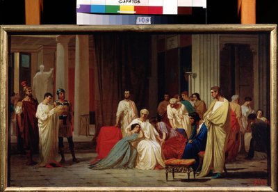 ""Publius Clodius Thrasea Paetus római szenátor halálos ítéletének felolvasása i.sz. 66-ban"" Feodor Andrejevics Bronnikov (1827-1902) festménye 19. századi Állami A. Radiscsev Művészeti Múzeum, Szaratov alkotó: Fedor Andreevich Bronnikov