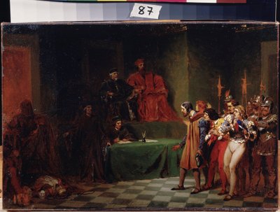 A mozaikművészek a háromtagú velencei tanács előtt (Olaszország) (Mozaikművészek a háromtagú tanács előtt Velencében). Feodor Andrejevics Bronnyikov (1827-1902) festménye. Olaj, vászon, 1886 előtt, 25,5 x 37,5 cm, orosz művészet. Állami A. Radishchev Művés alkotó: Fedor Andreevich Bronnikov