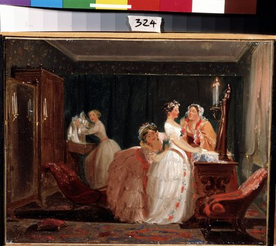 Az esküvői előkészületek. Egy polgári lány esküvői ruhában készül az esküvői szertartásra. Feodor Andrejevics Bronnyikov (1827-1902) munkája. Olaj, papír, 26 x 33 cm alkotó: Fedor Andreevich Bronnikov
