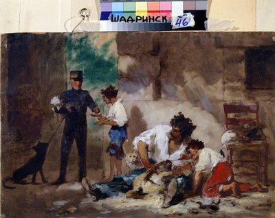 Kutyakozmetikusok Nápolyban (Olaszország) (Kutyakozmetikusok Nápolyban). Feodor Andrejevics Bronnyikov (1827-1902) munkája. Olaj, karton, 33 x 50 cm, orosz művészet. Regionális Tanulmányok Múzeuma, Shadrinsk (Oroszország). alkotó: Fedor Andreevich Bronnikov