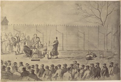 Charles Wirgman egy lefejezni készülő japán férfi rajzának fényképmásolata alkotó: Felice Beato