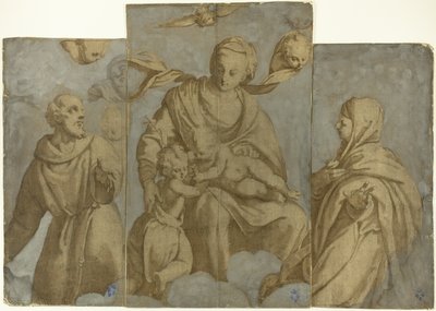 Szűz Mária és a Gyermek Keresztelő Szent János csecsemővel, valamint Assisi Szent Ferenc és Klára szentek. alkotó: Felice Brusasorci