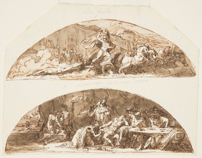 Achilles vonzza Hektor testét Trója falai köré, Priamosz Hektor testéért könyörög, Mennyezeti tervek a Galleria di Achille számára, Palazzo Milzetti, Faenza, Olaszország alkotó: Felice Giani