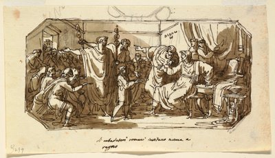Mennyezet kialakítása: római nagykövet kérje meg a Sabine Numa Pompiliust, hogy uralkodjon Róma felett, Numa Pompilius terem, Palazzo Milzetti, Faenza alkotó: Felice Giani