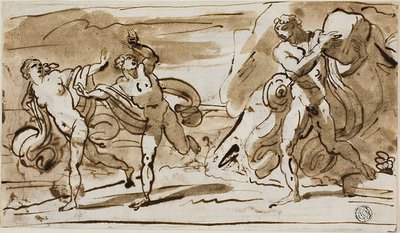 Polyphemus sziklákat dobott a menekülő Aeis-ben és Galateában (recto); Polyphemus nádsípját játszik a Galatea számára (fordítva) alkotó: Felice Giani