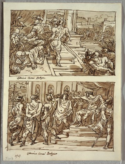 Remus megöli Amulius királyt; Remus láncban vezetett Amulius király előtt; Két tanulmány Carracci után alkotó: Felice Giani