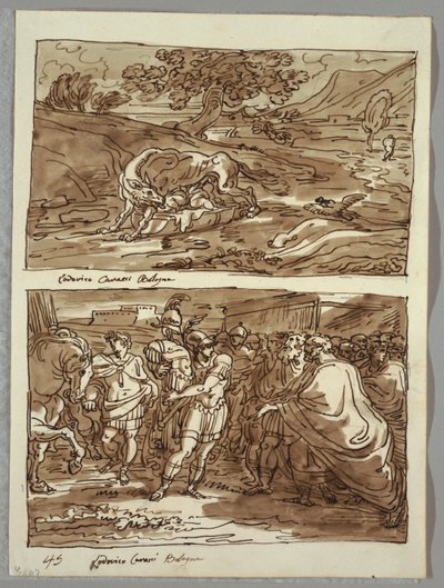 Romulus és Remus szopta a farkast; Romulus Jove Feretriusnak ajánlja a meghódított Acronius király zsákmányát, két tanulmány Carracci után alkotó: Felice Giani