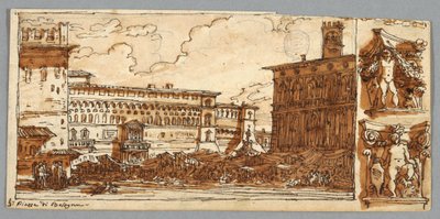 Sketchbook Page, Folio 57: Study after Piazza Emmanuelle in Bologna; Verso, Építészeti részlet alkotó: Felice Giani