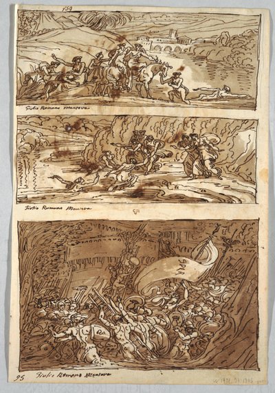 Vázlatfüzet oldal, Folio 95: Három festmény Giulio Romano után; Verso: Oroszlán és sas alkotó: Felice Giani
