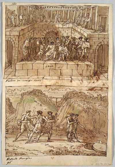Vázlatfüzet oldal, Folio 98: Két festmény Caravaggio és Raphael után; Verso: Eagle and Ox alkotó: Felice Giani