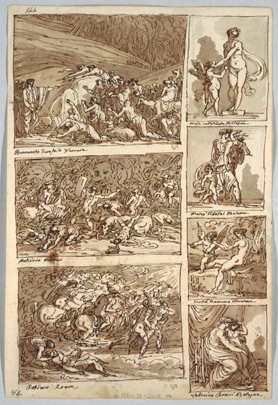 Vázlatfüzet oldal: Tanulmányok festmények után Ferrarában, Rómában, Bolognában, Mantovában Tibaldi, Raphael, Andrea del Sarto és Polidoro művészek után; Verso: Madárcsontváz és Lófej alkotó: Felice Giani