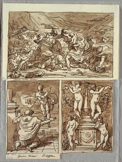 A rómaiak és a szabinok csata; Romulus jelenése Proculusnak, Két tanulmány a Carracci után; Gyertyatartó alkotó: Felice Giani