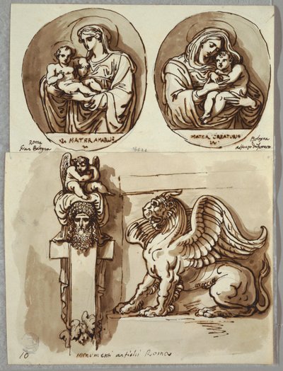 Két rajz a Madonnáról és a Gyermekről oválisban, Tanulmányok Giambologna és Alfonzo da Ferrero után; Herm és Chimera, az Antik után alkotó: Felice Giani