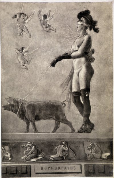 Pornokrates (meztelen nő, csíkos szemek, angyalokkal körülvéve, disznót tartva pórázon) - Felicien Rops (1833-1898) rajza alkotó: Félicien Rops