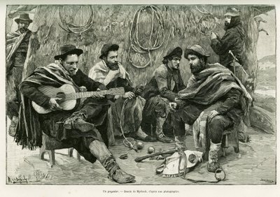 Payador, párbaj sétáló énekesek versében. Myrbach metszet, a Voyage a la Plata című történet illusztrálására 1886-ban, Emile Daireaux, in le tour du monde 1888, rendező: Edouard Charton (1807-1890), Hachette, Párizs. alkotó: Felicien baron de Myrbach-Rheinfeld