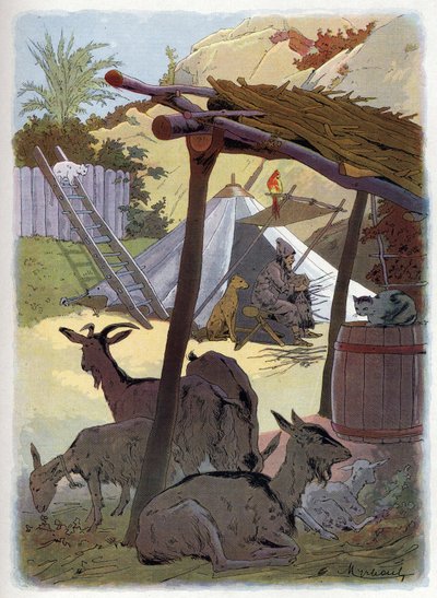 Robinson Crusoe haza az állataival. alkotó: Felicien baron de Myrbach-Rheinfeld