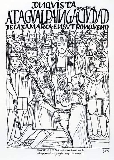 Diego de Almagro, Francisco Pizarro és Vicente de Valverde barát térdel az Atahualpa Inca előtt Cajamarcában alkotó: Felipe Huaman Poma de Ayala