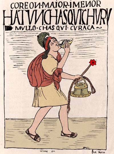 Inka Birodalom: A Chasquis (vagy Chaskik), hírvivő futó, qipivel a hátán, kezében a Quipu-val (Quipo, Quipou) – Tintarajz Don Felipe Puma de Ayala i „Új korona és jó kormány” című kéziratából alkotó: Felipe Huaman Poma de Ayala