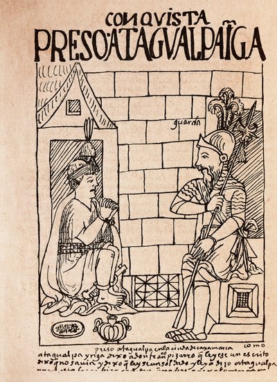 Atahualpa inka császár, a Conquistadores foglya Cajamarcában (Tintarajz alkotó: Felipe Huaman Poma de Ayala