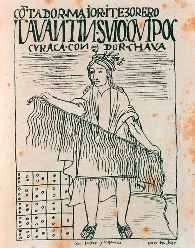 Inka ember, aki quipu-t tart: számviteli rendszer húrokkal és csomókkal (Tintarajz alkotó: Felipe Huaman Poma de Ayala