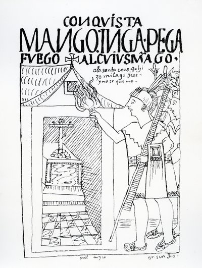 Manco Inca megpróbálja felégetni Cuyus Mango inka palotáját, amelyet keresztény istentiszteletre alakítottak át, de Isten közbelép (fametszet) alkotó: Felipe Huaman Poma de Ayala