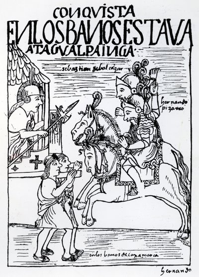 Sebastian de Benalcazar és Hernando Pizarro szembesül Atahualpa Inkával a cajamarcai királyi fürdőben (fametszet) alkotó: Felipe Huaman Poma de Ayala