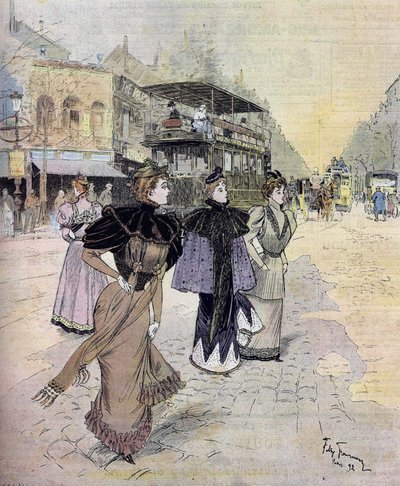 Grands Boulevards Párizsban áprilisban. Felix Fournery (1865-1938) akvarellje után 1893 alkotó: Felix (after) Fournery