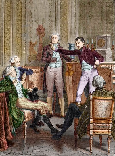 Az első konzul, Bonaparte Gaspard Monge matematikussal beszélget – Bonaparte főkonzul és Gaspard Monge (1746-1818) metszetének beszélgetése, Felix Philippoteaux (1815-1884). alkotó: Felix (after) Philippoteaux