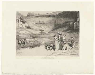 Fiatal nők pénzt adnak a pásztorlánynak a dombos tájon Les demoiselles du villages (cím a tárgyon) alkotó: Felix Bracquemond