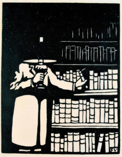 Könyvbarát lámpával a könyvtárában alkotó: Felix Edouard Vallotton