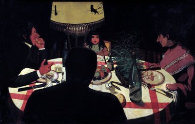 Vacsora, lámpa hatás. A festő ábrázolása veszi körül feleségét és gyönyörű gyermekeit. Felix Vallotton festménye (1865-1925) Ec. Kövesse alkotó: Felix Edouard Vallotton