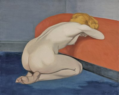 Meztelen nő egy vörös kanapé előtt térdel, 1915 alkotó: Felix Edouard Vallotton