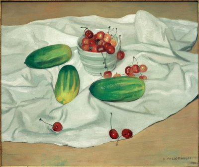 Három uborka és egy fekete váza cseresznyével alkotó: Felix Edouard Vallotton