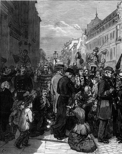 A jezsuiták deportálása a párizsi Rue de Sevres-ről Jules Ferry 1880. márciusi rendelete nyomán, és megvonták a jogosulatlan vallási gyülekezetek tagjainak tanítási jogát: a párizsi lakosság szolidaritást mutat az evictioval alkotó: Felix Elie Regamey