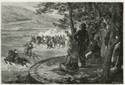 A djerid versenye, a lovas elkezdett egy rövid botot fogni, amely a lándzsát és a puskát is ábrázolta; a feje fölé ágazta, mielőtt eldobta, F. Regamey metszetével, hogy illusztrálja a Les Ansaries című történetét, Leon Cahun, egy küldetéscha alkotó: Felix Elie Regamey